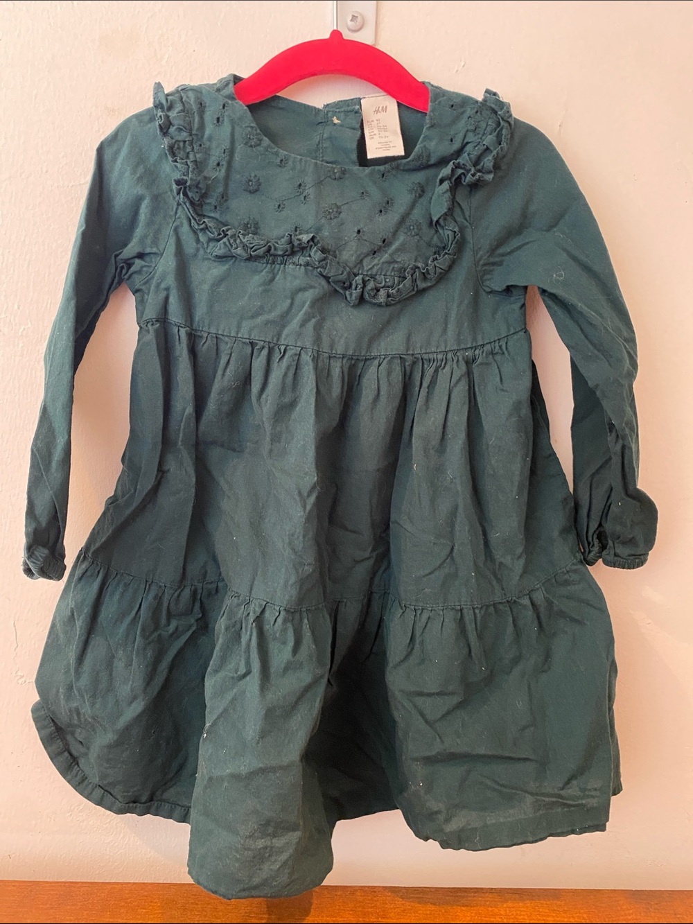 H&M Girls Forest Green Long-Sleeve Ruffle Dress